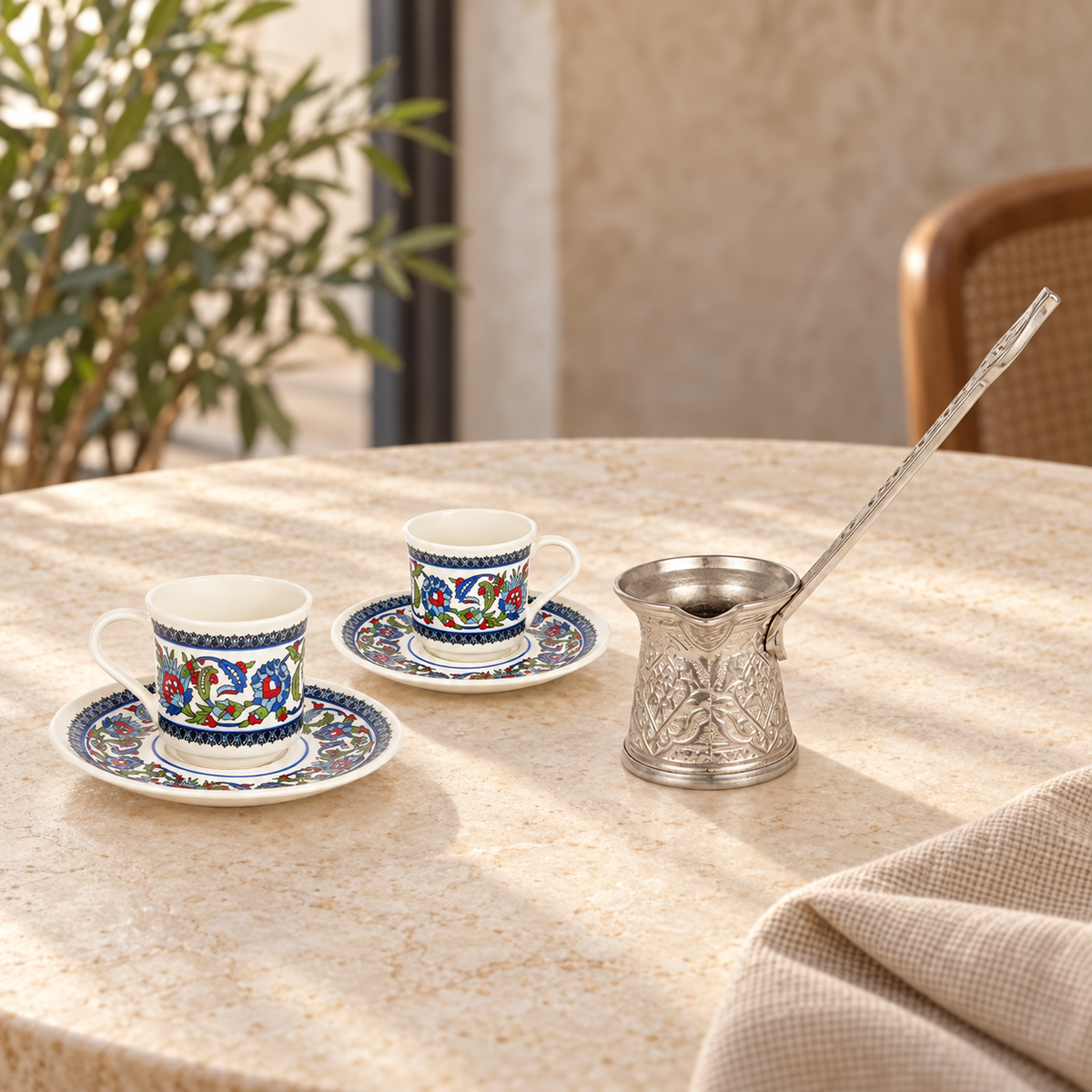 Acar SET862BE Topkapi patterned two-cup set with silver-tone coffee pot — AI-assisted cafe table scene