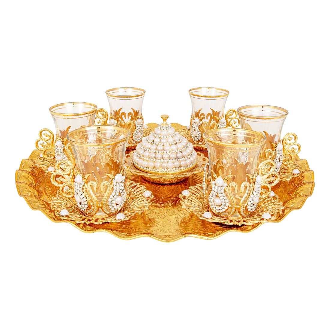 Tea Set With Gem-Style Tray - Ottoman - Gold Tone - Acar catalog image