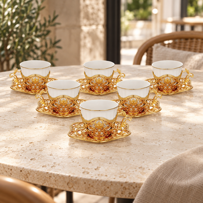 Acar SET631SA Elisa six-cup gold-tone set on a cafe table — AI-assisted scene