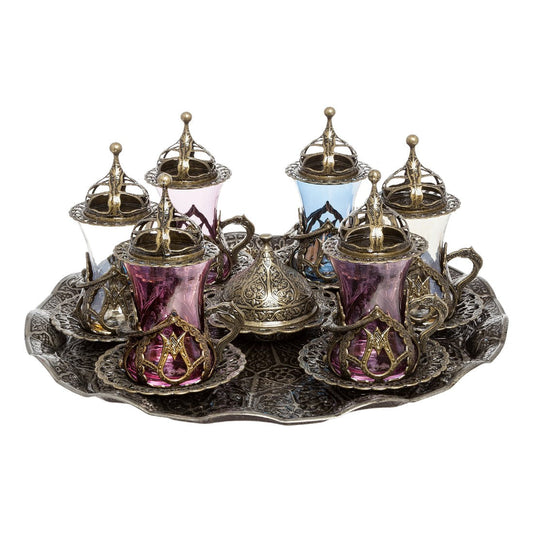 Tea Set With Hurrem Color Design - Antique Gold Tone - With Tray - Acar catalog image